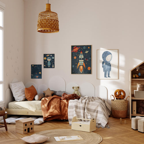 Astronaut Poster Kinderzimmer · Geschenkidee für Kinder · Kinderzimmer Deko  · Weltraum Rakete & Planeten · Deko Print ohne Rahmen-1